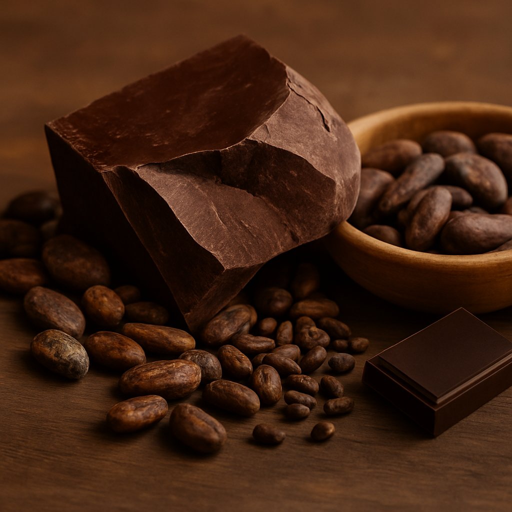 Trozo de pasta de cacao criollo con granos y manteca de cacao en fondo marrón natural.