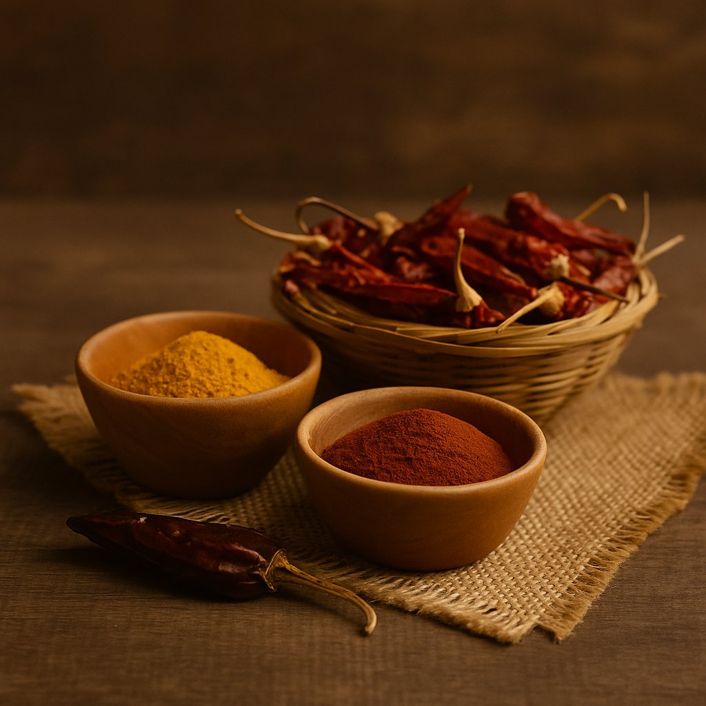 Especias peruanas y ajíes secos sobre una superficie rústica – ingredientes auténticos de la cocina tradicional del Perú.