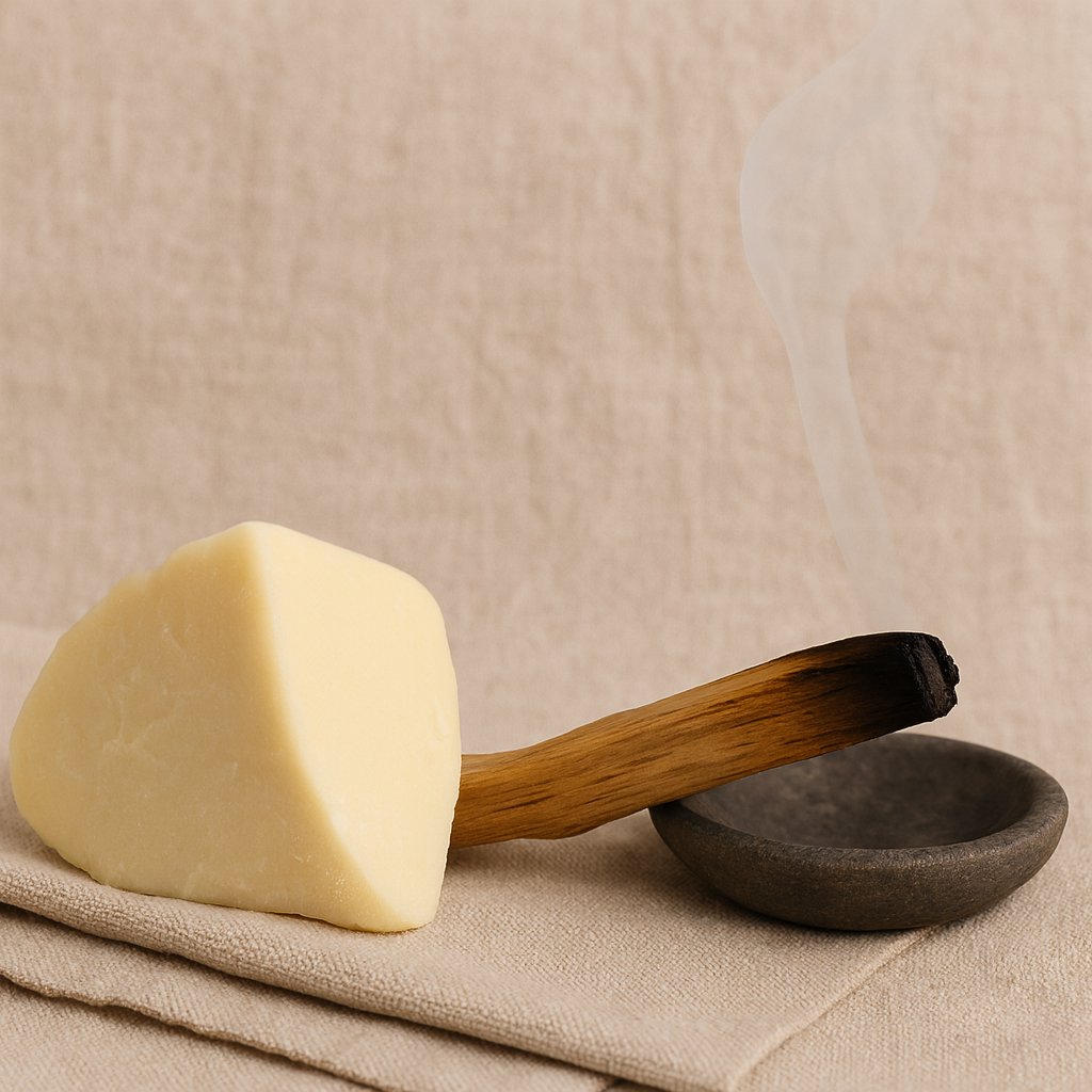 Palo santo encendido sobre una piedra oscura y manteca de cacao clara en bloque, dispuestos sobre una tela de lino natural como elementos de bienestar y rituales ancestrales.