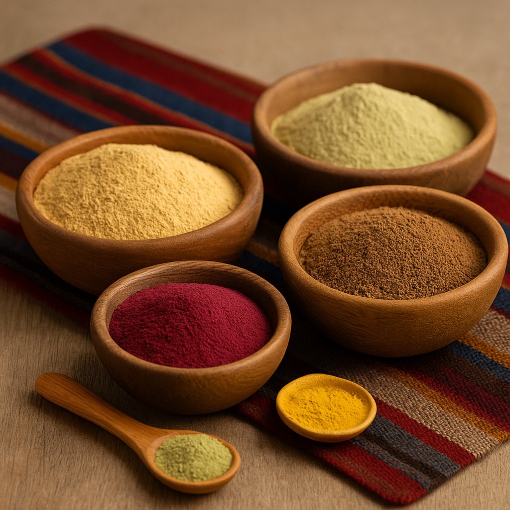 Superalimentos andinos en polvo como maca, camu camu y maíz morado, presentados en tazones de madera sobre tela tradicional peruana.