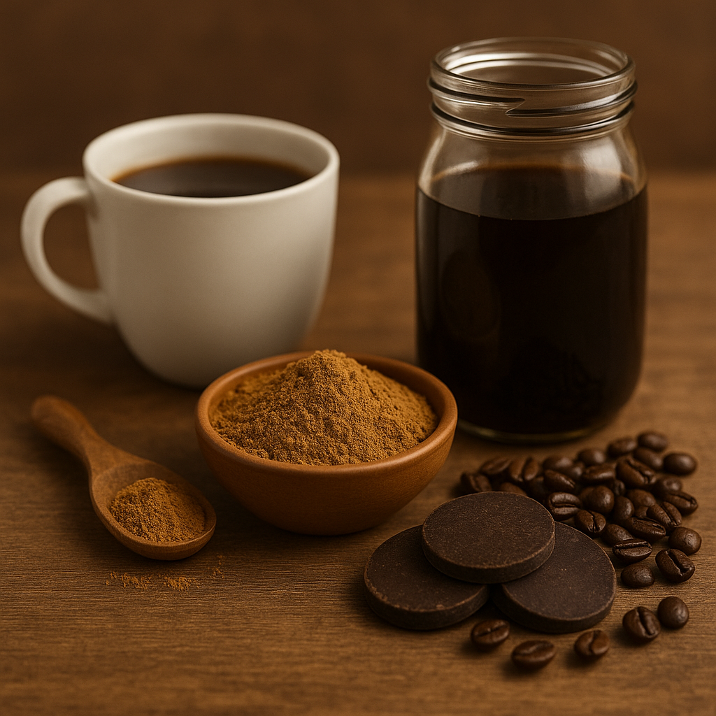Una composición con granos de café tostado, polvo de café verde y tabletas oscuras de cacao 100 % – ingredientes ideales para bebidas naturales.