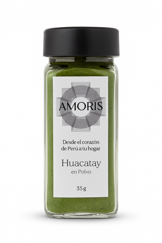 Frasco de Huacatay en Polvo 35 g de Amoris Superfoods, hierba andina aromática de Perú.